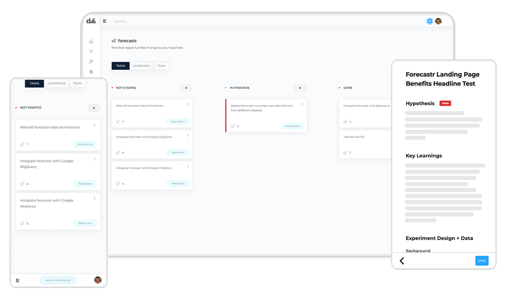 A screenshot of desktop and mobile UI for a Kanban solution designed for Growth Marketing Teams